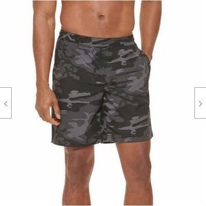 Kirkland Swim Shorts Men Medium Comfort Waist Brief Liner Pockets Black Camo NWT